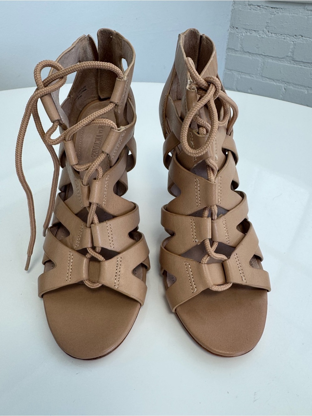 Pour La Victoire Lace-Up Strappy Heel with Zipper in Tan